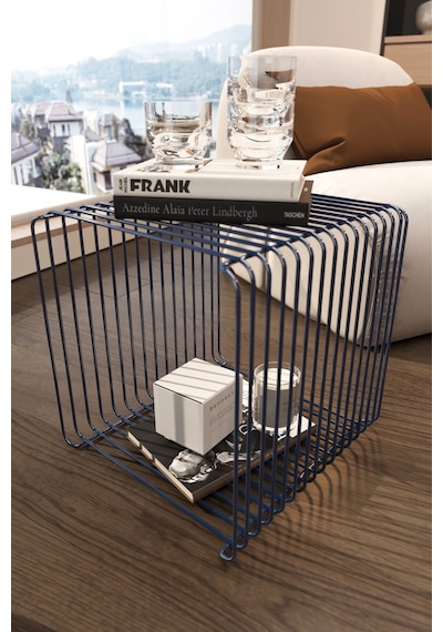 Miami Minimalist Metal Tel Yan Sehpa Modern Küp Yan Sehpa & Modüler Kitaplık Lacivert
