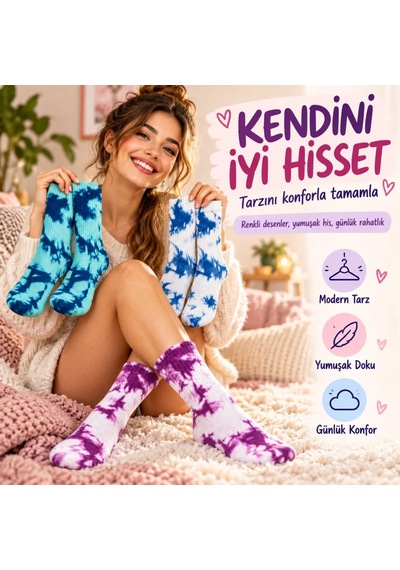 Bezos Unisex Batik Desenli Çorap 3'lü Set Pamuklu Renkli Uzun Soket Dikişsiz Nefes Alan Spor Çorabı Günlük Erdotıca Çok  Renkli