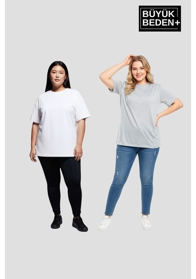 Superlife Büyük Beden Kadın Basic Bisiklet Yaka 2'li Tişört Seti Spr26btsk510+2 Beyaz