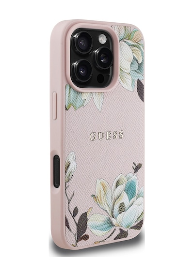 Apple Uyumlu iPhone 16 Pro Max Kılıf Guess Lisanslı Magsafe Özellikli Çiçek Tasarımlı Yazı Logolu Kapak Pembe
