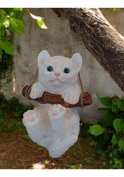 1 Adet Dekoratif Sallanan Duvar Ve Bahçe Süsü Kedi Beyaz