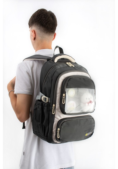 Ventis Qualty Okul Çantası Su Geçirmez Klinkır Kumaş Unisex Sırt Çantası Model 1g Açık Gri - Siyah