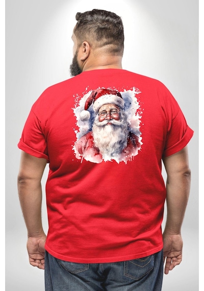 Angemiel Mutlu Noel Baba Yeni Yıl Tasarımı Büyük Beden Kırmızı Tişört Kadın Erkek Ünisex Sırt Baskılı Kırmızı