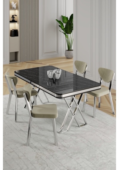 Raja Serisi 80x130 Lak Panel Siyah Mermer Desen Masa Takımı Krom Ayaklı 4 Sandalye Siyah Mermer - Krem Raja Serisi 80x130 Lak Panel Siyah Mermer Desen Masa Takımı Krom Ayaklı 4 Sandalye Siyah Mermer - Krem