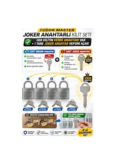 Master 4'lü 60 Mm Joker Anahtarlı Çelik Asma Kilit Seti - Tek Anahtarla 4 Kilit Açılır - Kısa Kancal