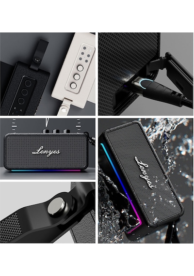 Lenyes S876 Supreme Serisi Rgb Işıklı Taşınabilir Su Geçirmez Tws Bluetooth Hoparlör V5.3 45w Siyah