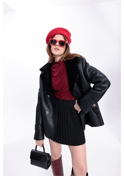 M M Marki Marki Hakiki Deri Kadın Mont Siyah İçi Kürklü Kruvaze Düğmeli Blazer Model 70 Cm - 120522