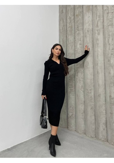 Msm Fashion Kadın Elbise Uzun Triko Kışlık Polo Yaka Likralı Kalem Elbise Siyah
