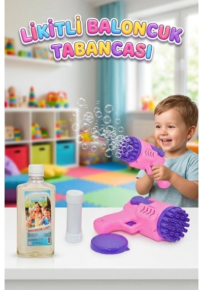 Köpük Baloncuk Makinası 3 Parçalı Yanında 500ml Baloncuk Likiti Hediyeli Eğlenceli Oyun Seti Mor