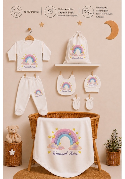 Pia Baby Kız Bebek İsimli Hastane Çıkışı 8 Parça Zıbın Seti %100 Pamuk Battaniye Yastık Kılıfı Keseli 1075zybk0x Krem