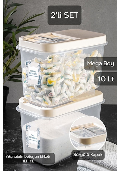 2'li 10 Lt Mega Etiketli Toz Tablet Deterjan Saklama Kutusu - Kayar Kapaklı Banyo Düzenleyici Krem Bej