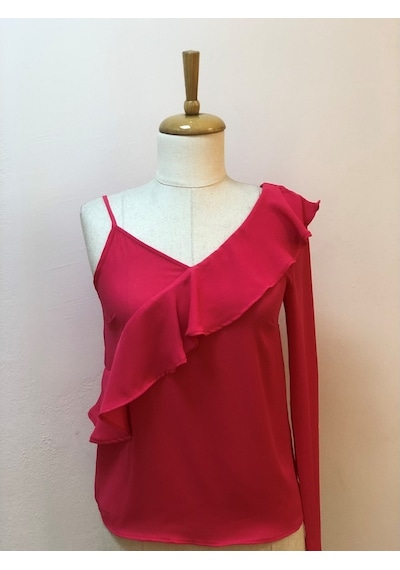 Neon Pembe Bluz Omuz Ve Fırfır Detaylı Tek Kol