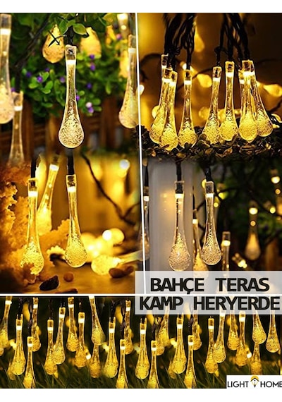 50 Led 7 Metre Sarı Su Damlası Kristal Solar Led Işık Güneş Enerjili Bahçe Teras Balkon Ağaç Lambası Aydınlatma