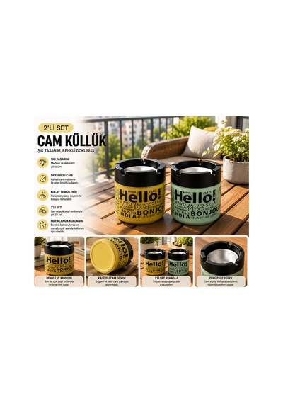 2 Li Renkli Cam Küllük Seti Hello Desenli Sarı Ve Açık Yeşil Dekoratif Küllük