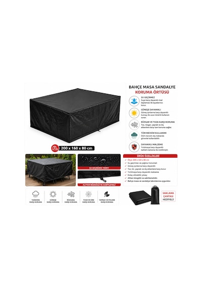 Bahçe Masa Sandalye Koruma Örtüsü 200x160x80 Cm Su Geçirmez Dış Mekan Mobilya Koruyucu Kılıf Siyah