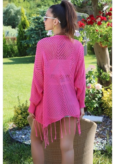 Aqe Fashion Motif Detaylı Eteği Püsküllü Hırka Fuşya Fuşya