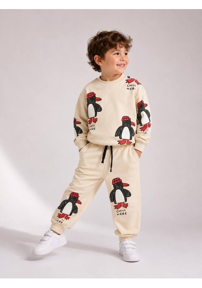 Eray Alp Kids Unisex Çocuk Ekru Penguen Desenli Eşofman Takımı Günlük Rahat Kombin Bej