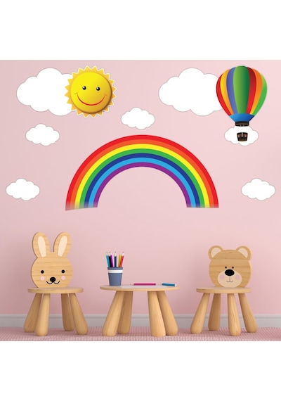 Rengarenk Gökkuşağı, Uçan Balon, Güneş Ve Bulutlar Duvar Sticker Seti - Bebek Ve Çocuk Odası De
