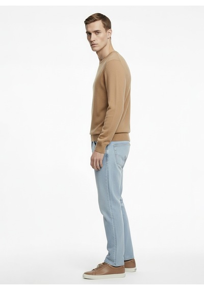 Alpha Studio Bej Erkek Bisiklet Yaka Regular Fit Kazak Au-3210c Pacth Crewneck Knıt