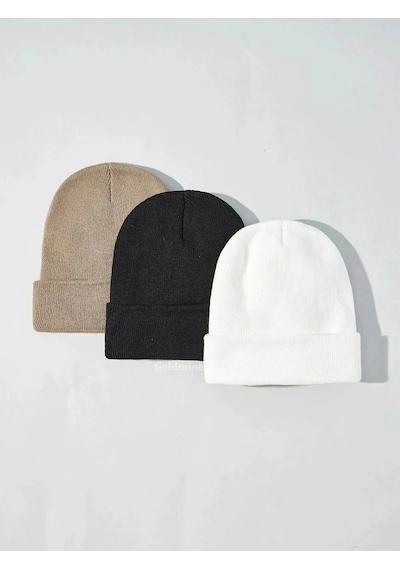Minacarin Eke Tekstil Unisex Katlamalı 3'lü Bere Seti Siyah - Beyaz - Taş Siyah - Lila