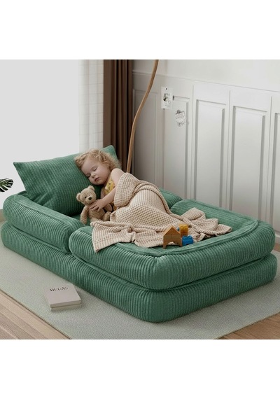 Trend Fitilli Kadife Modüler Çocuk Oyun Minderi ve Yatağı Tamamen Sünger 90 x 150 CM Yeşil