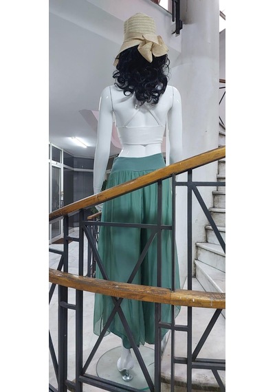 Bohem Stil Kadın Asimetrik Kapaklı Ipek Şalvar Pantolon-8775 Mint
