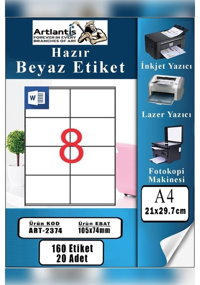 A4 Hazır Etiket 105x74 Mm 20 Sayfa 1 Paket 8 Li Kendinden Yapışkanlı Fotokopi Lazer İnkjet Kağıdı Yazıcılar İçin Uyumlu