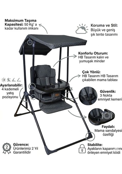 Yatarlı Tenteli Mama Tablalı Katlanır Keten Kumaş Ev Tipi Salıncak & Mama Sandalyesi