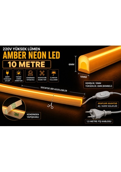 10 Metre Amber 220v Neon Led Şerit ,tak Çalıştır Set, Fişli Anahtarlı Esnek Şerit Led, ,turuncu Led,mutfak,tezgah Ledi,led Şerit Işık ,ambiyans Işık Havuzu, Kendinden Yapışkanlı,kehribar Led
