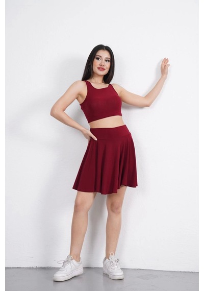 Primemagazam Sendy Kumaş Bisiklet Yaka Crop Şortlu Etek İkili Takım - Bordo Çeşitli