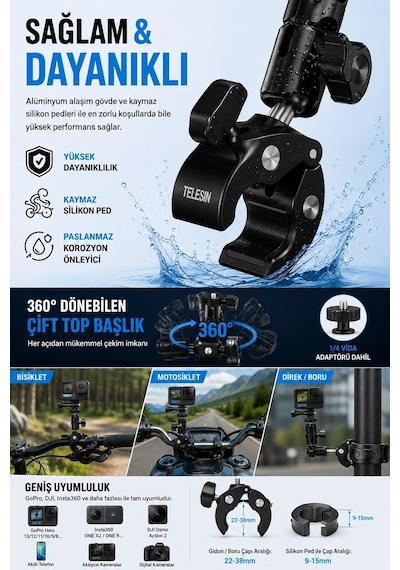 Mep Motosiklet Bisiklet Gidon Kamera Montaj Metal Kelepçesi 360 Döner Metal Tutucu Najmaddin