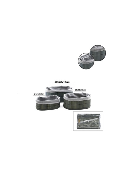 Oval Bambu Kenarlı 3'lü Organizer Sepet Seti - Gri Çok Renkli