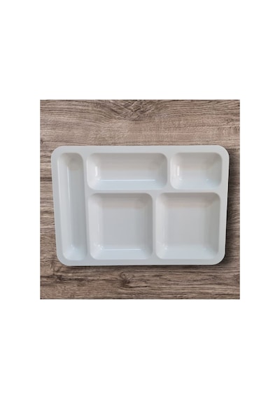 %100 Kırılmaz 12'li Melamin 5 Bölmeli Tabldot Yemek Servis Tabağı - 40x28 Cm Beyaz Beyaz