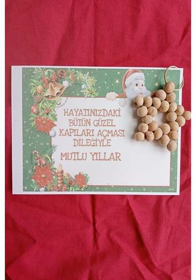 25 Adet Naturel Yıldız Anahtarlık - Ahşap Yıldız - Noel Baba Kart
