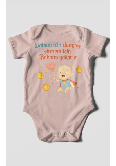 Morivokids Babaya Ve Anneye Özel Kısa Kollu Bebek Body %100 Pamuk Pastel Pembe