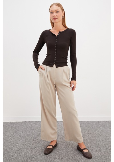 Fullamoda Önü Çıtçıtlı Ribanalı Slim Fit Bluz Kahve