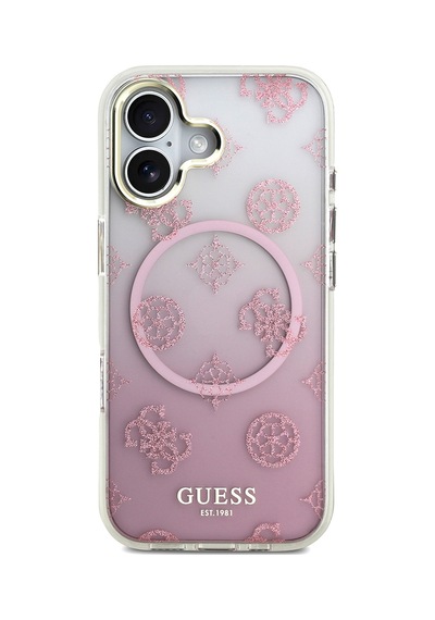 Apple Uyumlu iPhone 17 Kılıf Guess Lisanslı M-safe Şarj Özellikli Simli Peony Desenli Silikon Kapak Pembe Pembe