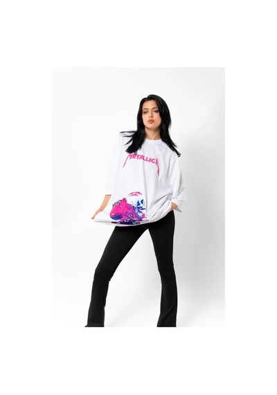 Startmore Metallica Neon Pembe Baskılı Beyaz Unisex Oversize Beyaz