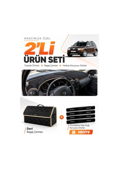 Dacia Duster 1.nesil Makyajsız 2009-2013 Uyumlu Torpido Örtüsü + Deri Çanta Seti - Siyah Bej