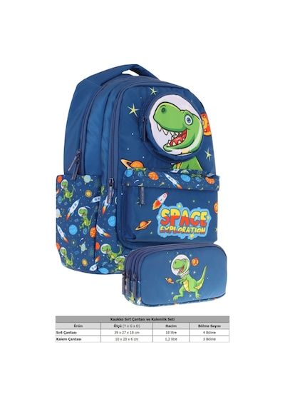 Kaukko Kids Toys Erkek Çocuk Lacivert 3d Dinazor Şekilli İlkokul Çantası Ve Kalemlik Seti L5252+l8252 Lacivert