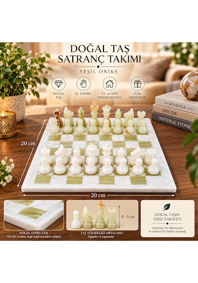 Yeşil Oniks Doğal Taş Satranç Takımı 10 İnç 25x25 Cm Dekoratif Hediyelik Satranç Seti