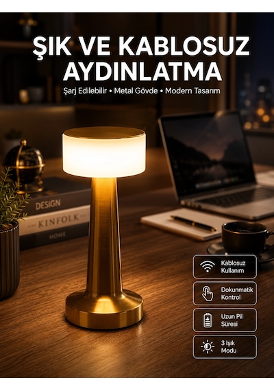 Altın Rengi Masa Ve Gece Lambası Dokunmatik Şarjlı Masa Lambası Antrasit Melanj