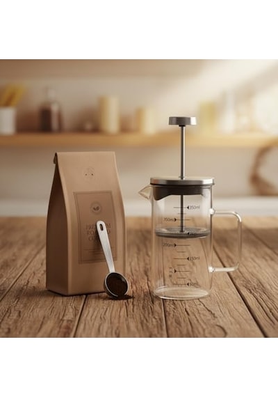 Borosilikat Cam French Press 350ml - Paslanmaz Çelik Filtreli Ölçekli Kahve Ve Bitki Çayı Demliği - Isıya Dayanıklı Kişisel Kupa - Metal Kapaklı Açık Bej