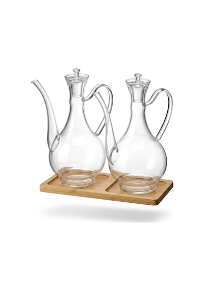 2'li Cam Yağdanlık Seti 750+750 Ml Bambu Stant Glory Borosilikat Sirkelik El Üretimi Yağ, Sirke Ve Sos Şişesi Düz-cam Şeffaf