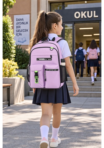 Okul Sırt Çantası Açık Pembe 3 Bölmeli Ortopedik Matara Cepli 42x27x16cm Çok Renkli