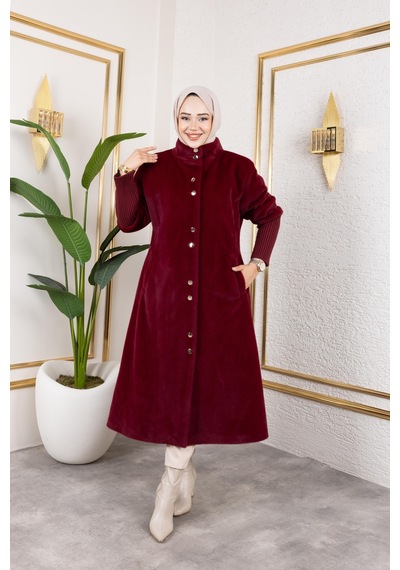 Hb Harma Time Butik Kadın Astarlı Angora Düğmeli Bordo Kaban