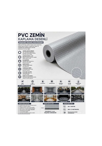 Pvc Desenli Zemin Kaplama Muşambası 2mm 1x5 Metre Kaymaz Araç Konteyner Oto Taban Kaplaması Gri