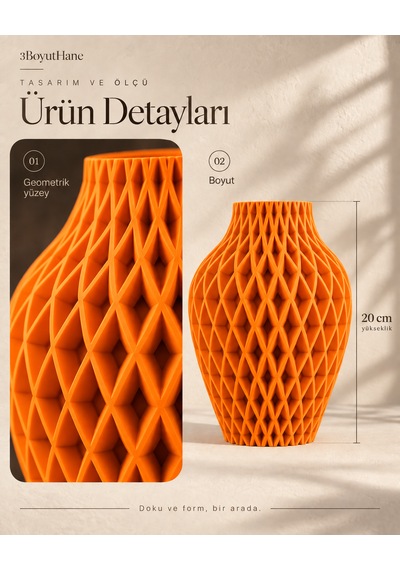 Baklava Desenli Dekoratif Vazo 20 Cm Kuru Çiçeklik Turuncu