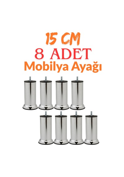 Klc 8 Adet M8 İnce Diş Krom Metal Mobilya Ayağı - Kanepe, Baza, Koltuk Yükseltme Ayağı 15 Cm Gri Gri
