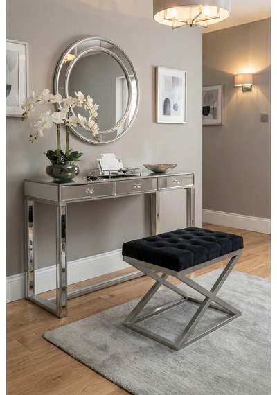 Nexus Babyface Kapitoneli Puf - Krom Metal X Ayaklı Modern Bench 50x40 Cm Siyah